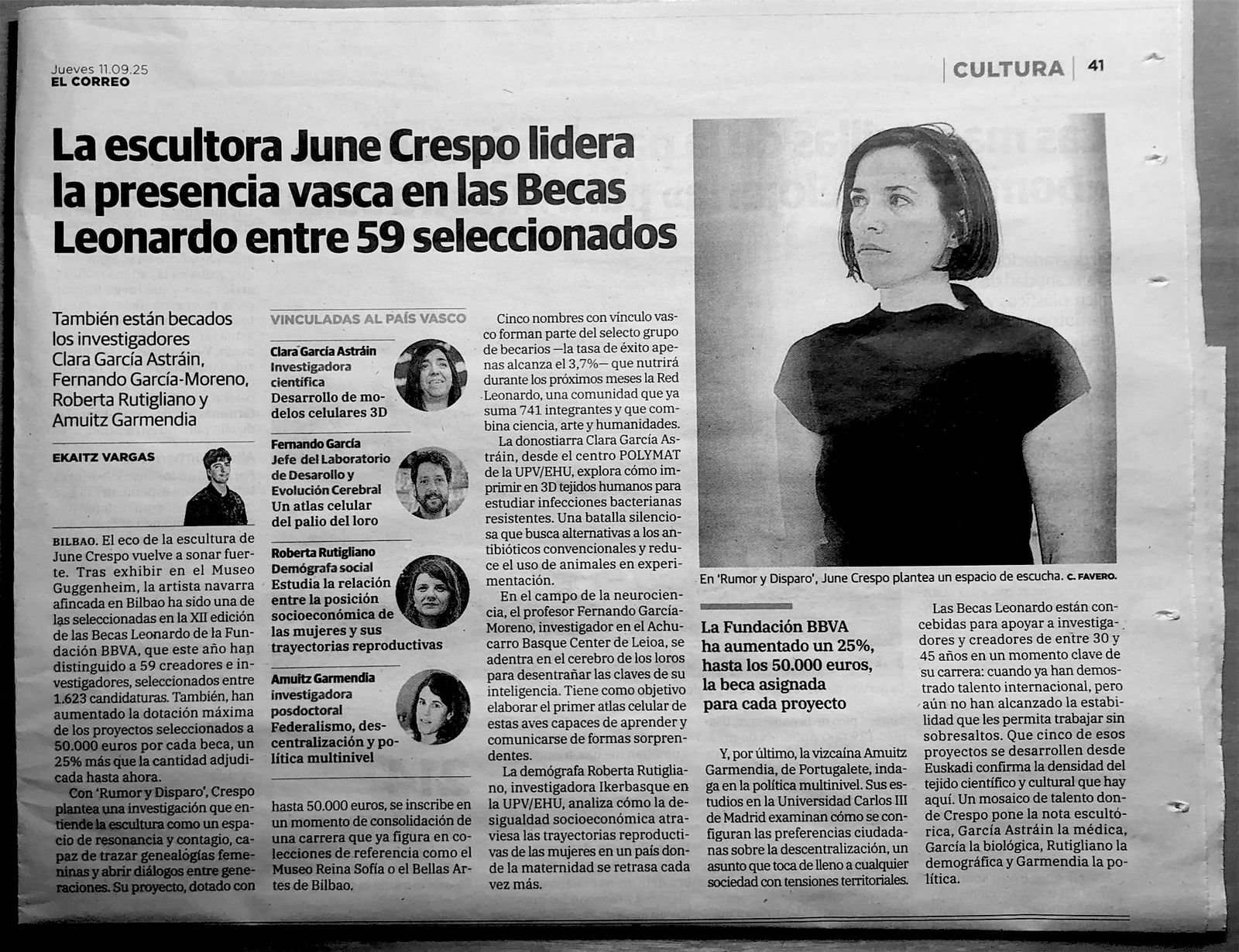 El Correo, 11 September 2025, page 41: article on the Basque recipients of the 2025 Leonardo Grants