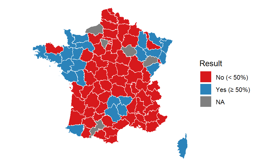 Map of France by département showing where the 1969 referendum passed (blue) or failed (red)