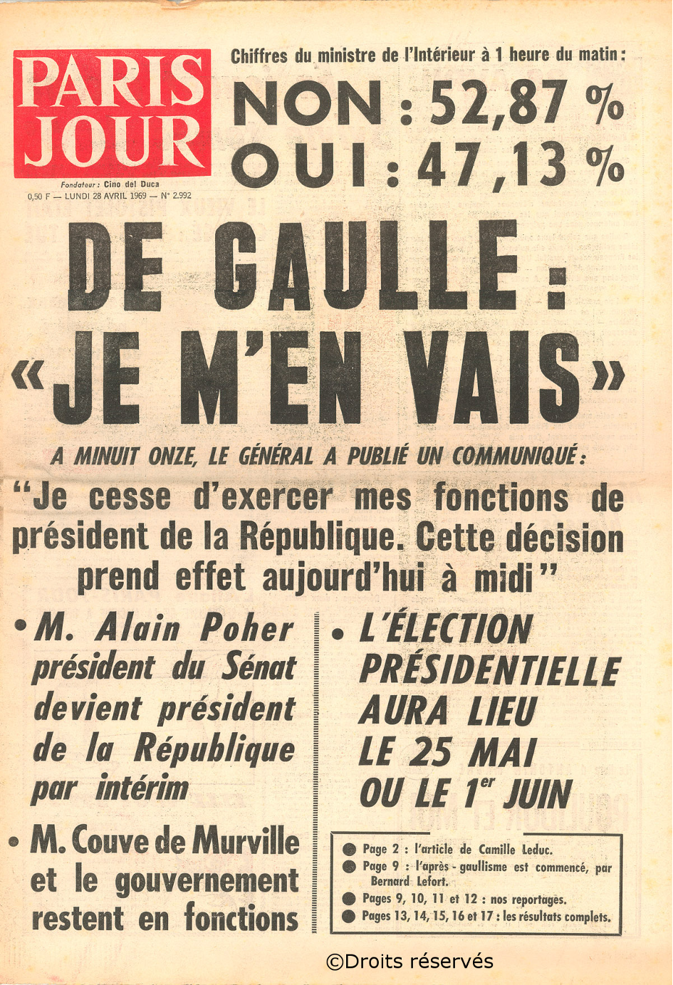 Front page of Paris Jour, 28 April 1969: 'De Gaulle: je m'en vais', with No at 52.87% and Yes at 47.13%